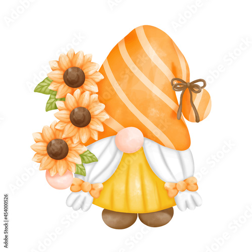 Digital paint watercolor sunflower gnomes isolated on white background. Cute gnome spring season greeting card. 