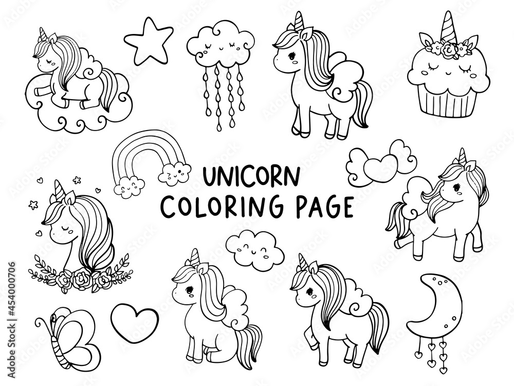 Fototapeta Unicorn coloring page, Unicorn doodle vector illustration