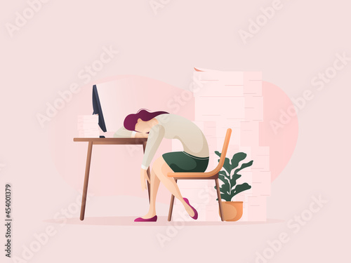 Women fell asleep on the table while working. Flat design Illustration about working on the table.