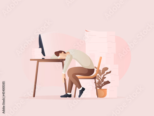 Men fell asleep on the table while working. Flat design Illustration about working on the table.