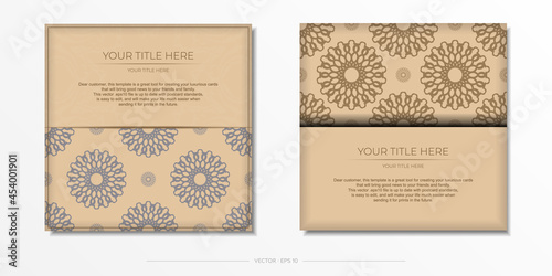 Invitation card template with place for your text and abstract ornament. Vector Beige color greeting card design with mandala ornament.