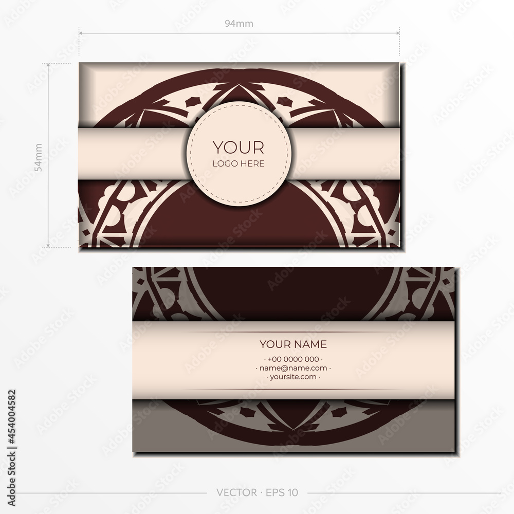 Preparing a business card with a place for your text and an abstract ornament. Business card design in beige color with luxurious patterns.