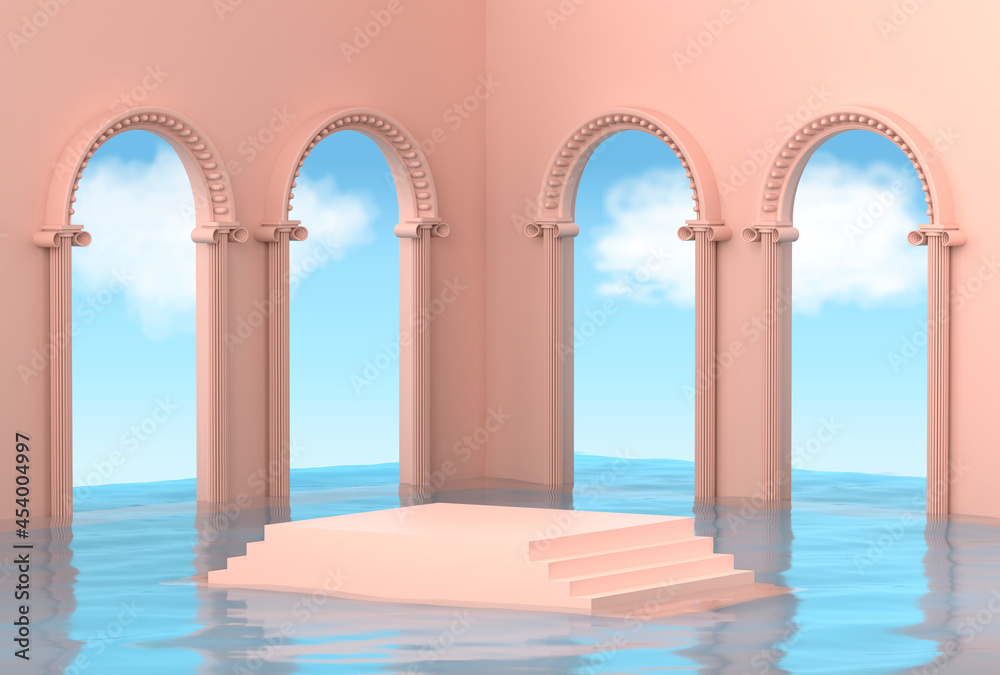 Abstract futuristic background with a podium in beautiful blue water in the form of a staircase. A peach pedestal in a room with antique arches and columns with a view of the cloudy sky. 3D Render