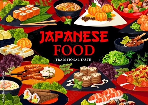 Japanese cuisine food menu cover. Walnut rolls, yakitori and mandarin in syrup, uramaki, nigiri and temaki sushi, seaweed salad, rice with seafood, shrimps cream and noodle soup, kenko yaki vector