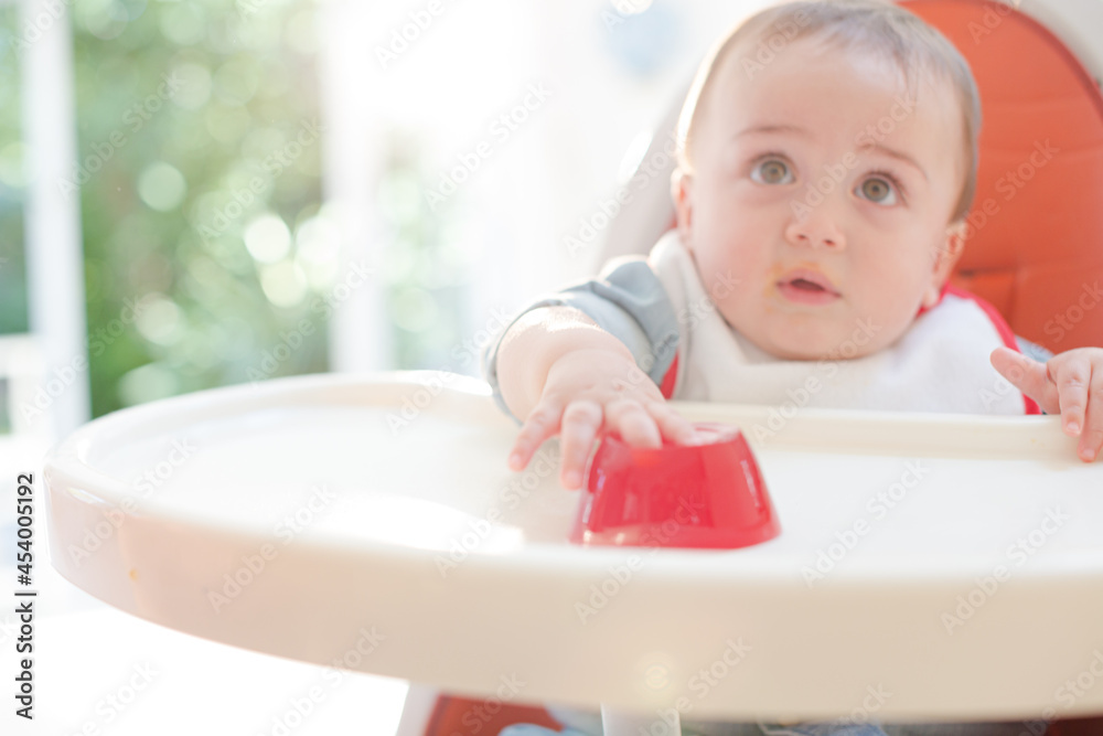 Baby boy eating gelatin dessert in high chair Baby boy eating gelatin dessert in high chair