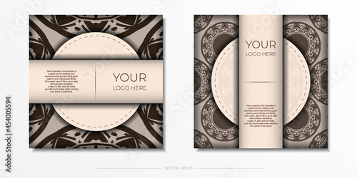 Preparing an invitation with a place for your text and abstract patterns. Luxurious Vector Template for Beige Color Printable Postcard Design with Mandala Patterns.