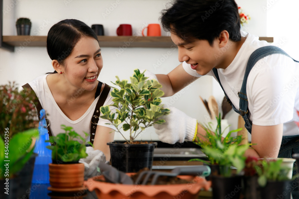 Young asian couple wearing jean overall and white t-shirt doing gardening and decorating small plants and trees. Concept home garden hobby Young asian couple wearing jean overall and white t-shirt doing gardening and decorating small plants and trees. Concept home garden hobby