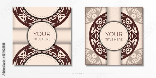 Vector invitation card with place for your text and abstract patterns. Luxurious Ready-to-Print Beige Color Card Design with Mandala Patterns.