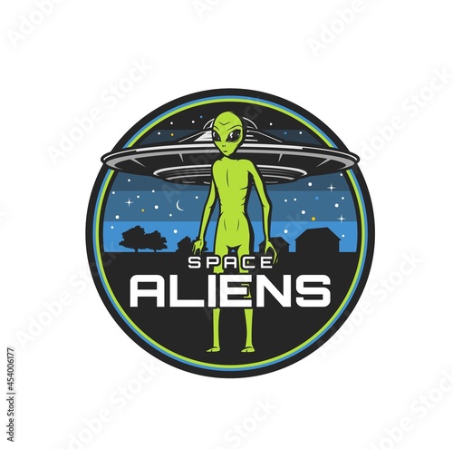 Space aliens icon with vector UFO spaceship or flying saucer, green alien monster, martian or extraterrestrial creature. Isolated round badge of ufology and astronomy themes