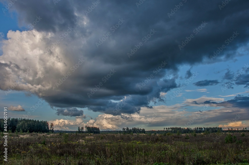 A large rain cloud over an autumn field