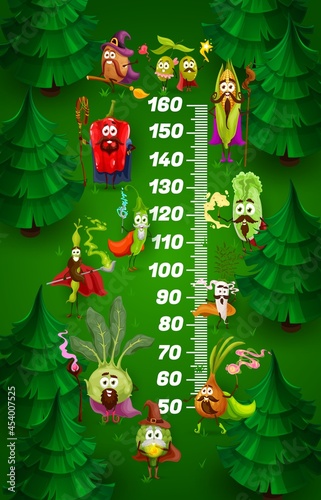 Kids height chart with cartoon wizard vegetables, vector growth meter. Kids height chart or measure scale with pepper and tomato vegetable wizards, onion and corn magicians, olives with magic wands