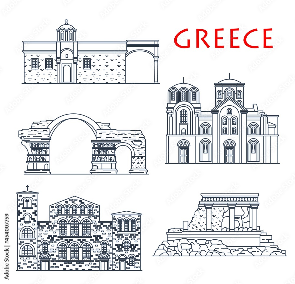 Greece architecture, antique Greek buildings, vector travel landmarks. Panagia Chalkeon and St Demetrius church in Thessaloniki, Vlatades monastery, Knossos palace in Crete and Emperor Galerius Arch