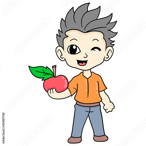 handsome boy standing holding fresh red apples, doodle icon image kawaii