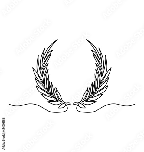 Laurel wreath one line art. Continuous line drawing of festive, solemn wreath with ribbons.