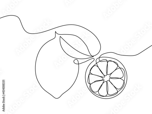 Lemon and a slice of fruit one line. Continuous line drawing of citrus, lime.