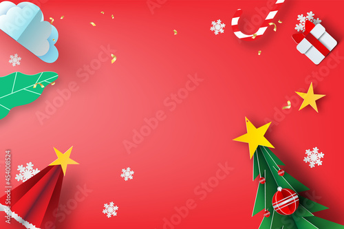 Top view Merry Christmas and Happy new year on red background.Creative design paper art and craft style.Minimal cover sweet pastel. Scene place for your text.Winter season element.vector illustration.