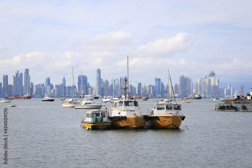Panama City. Cinta Costera overlooking the city. Boats and yachts with buildings.