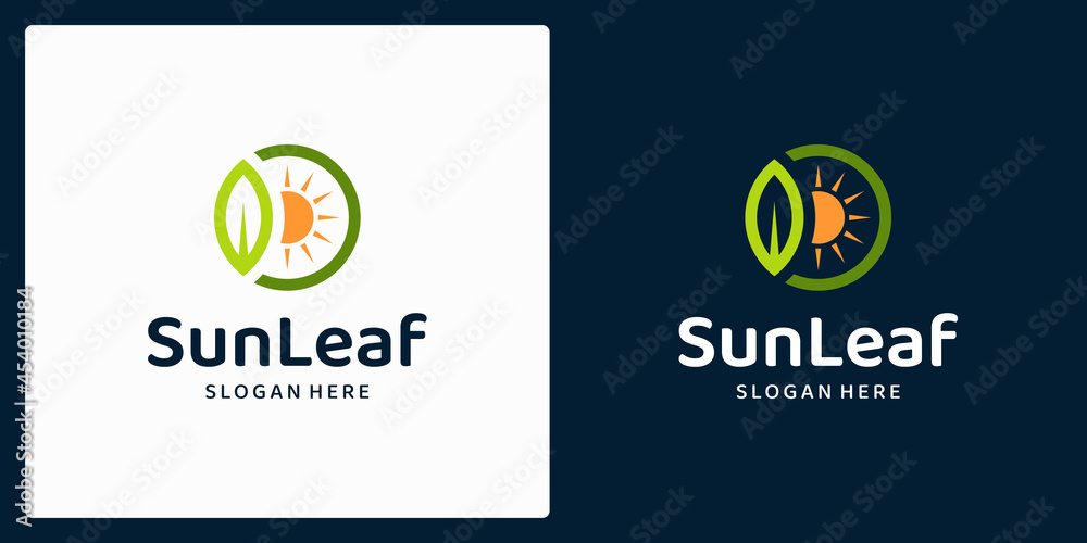 Leaf logo design template with sun graphic design vector illustration. Symbol, icon, creative.