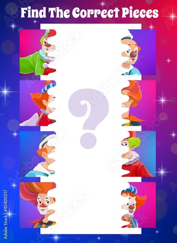 Kids game of find a correct circus clown pieces. Vector puzzle, logic riddle or maze game of children education, matching halves of cartoon pictures with chapiteau carnival show clowns