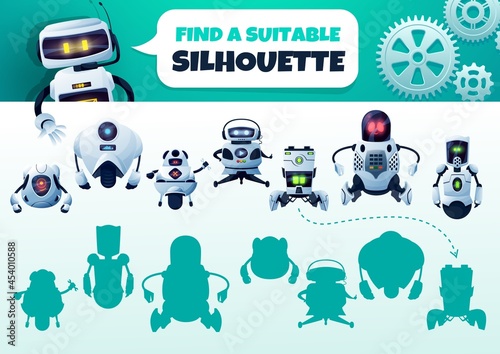 Robot maze game find a correct silhouette. Kids shadow match vector riddle with cyborgs. Children logic test with cartoon androids and artificial intelligence bots characters. Educational baby task