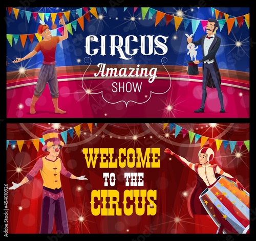 Shapito circus stage, acrobat, fire eater, stilt walker and cannon ball man perform show program on scene. Cartoon vector banners with performers on big top arena, amusement entertainment carnival