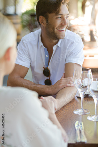 Couple talking in restaurant