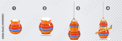 A set of isolated pot designs on a transparent background. Designs are used for Pongal, Krishna Janmashtami and Hindu festival ideas. Vector illustration.