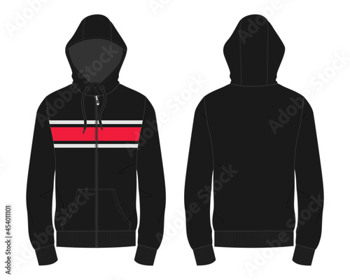 Hoodie With chest stripe Technical fashion flat sketch Vector template. Cotton fleece fabric Apparel hooded with zipper sweatshirt illustration black color mock up. Clothing outwear Men's top CAD.