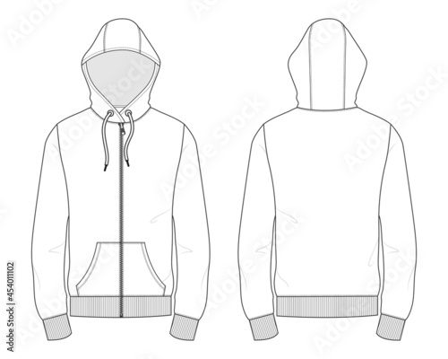 Long sleeve hoodie With zipper technical fashion Drawing flat sketch template front and back view. Cotton fleece fabric dress design vector illustration mock up jacket CAD. Easy edit and customizable.