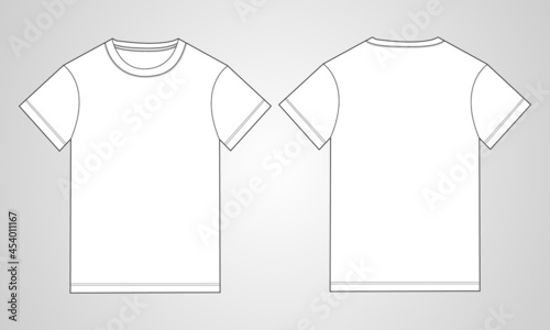  Basic Tee shirt technical fashion flat Sketch drawing template. Blank Short sleeve Apparel design vector illustration mock up Front and Back Views. Easy edit and customizable Eps10.