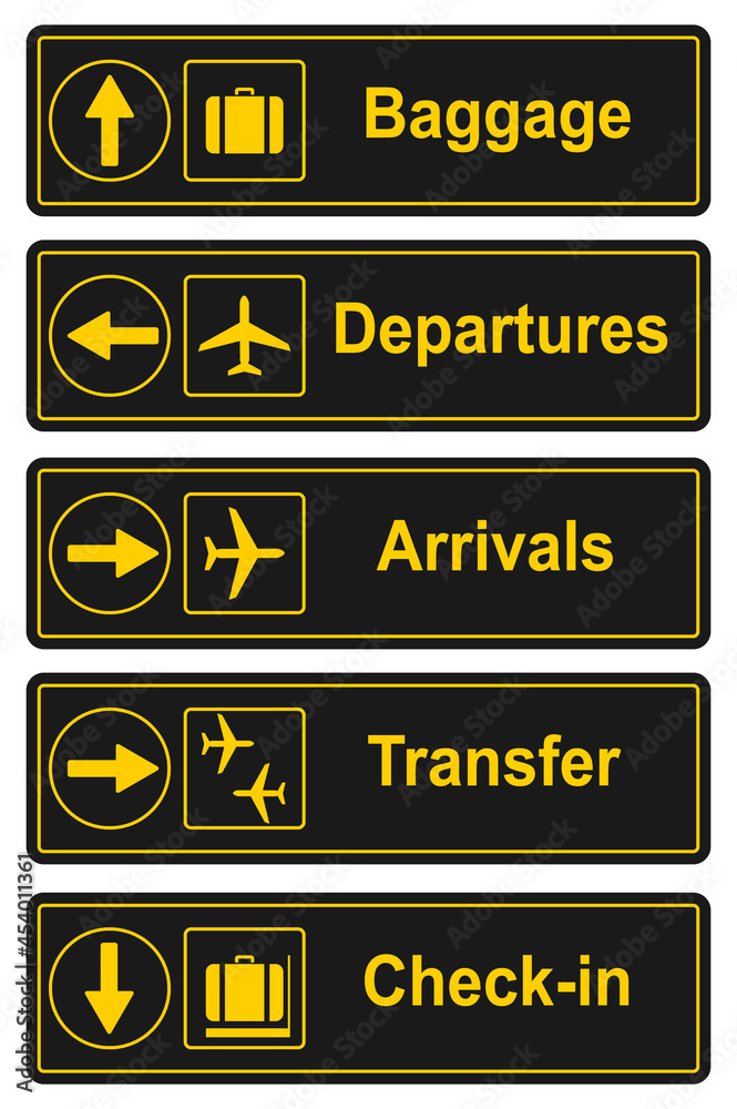 Signs directional signs in the airport terminal. Signs of various ...