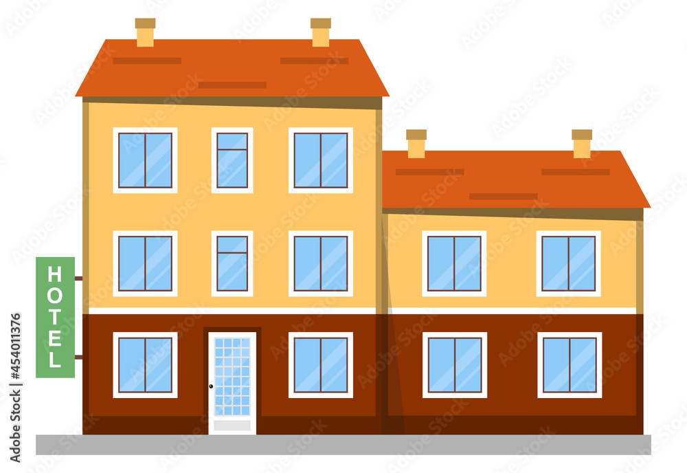 Hotel, hotel icon. Hotel building in retro style on a white background. Vector, cartoon illustration. Vector.
