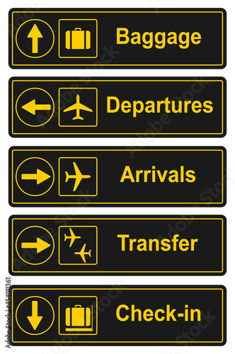Signs directional signs in the airport terminal. Signs of various airport services. Vector, cartoon illustration. Vector.