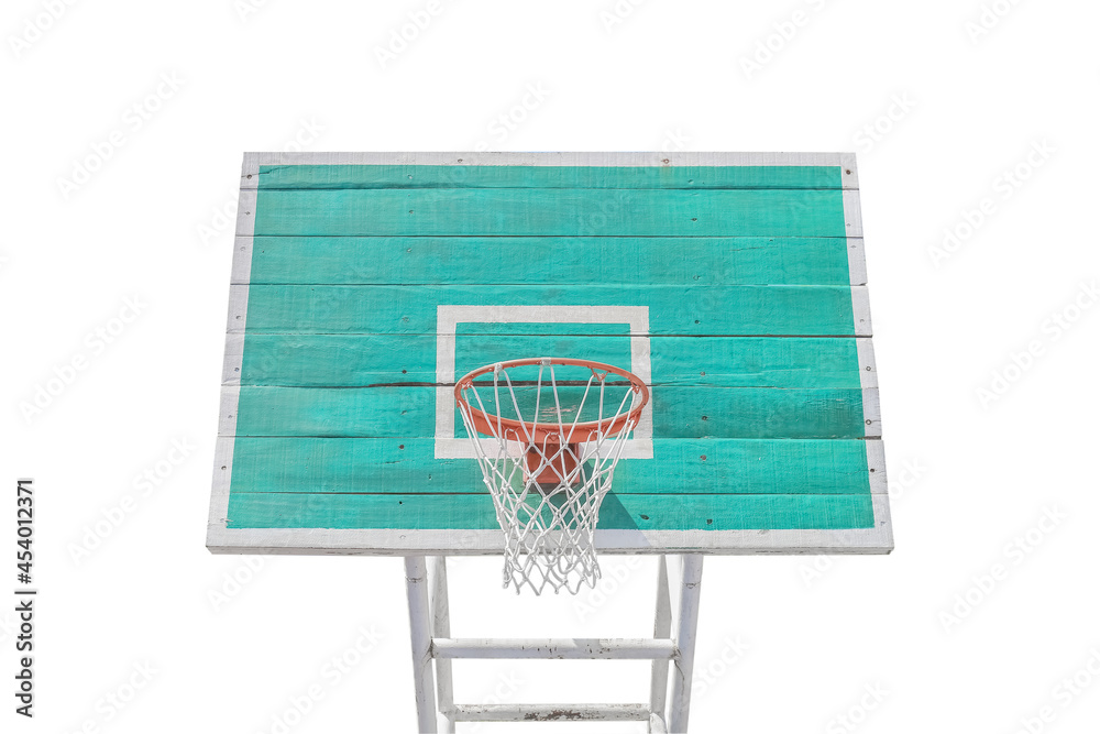 Old basketball hoop on green pad isolated on white background, clipping path for design usage purpose..