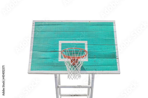 Old basketball hoop on green pad isolated on white background, clipping path for design usage purpose..