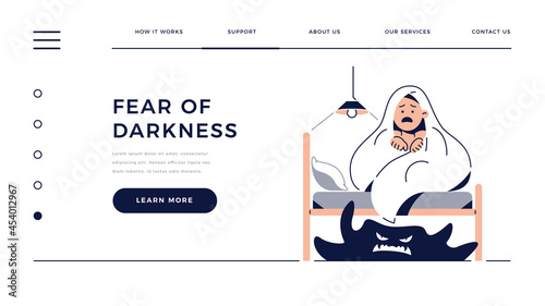 Kids nightmares, Fear of darkness web template. Scared boy imagining monster under the bed. Child hides under blanket. Nightmares in Children, fear of darkness for homepage.Flat vector illustration