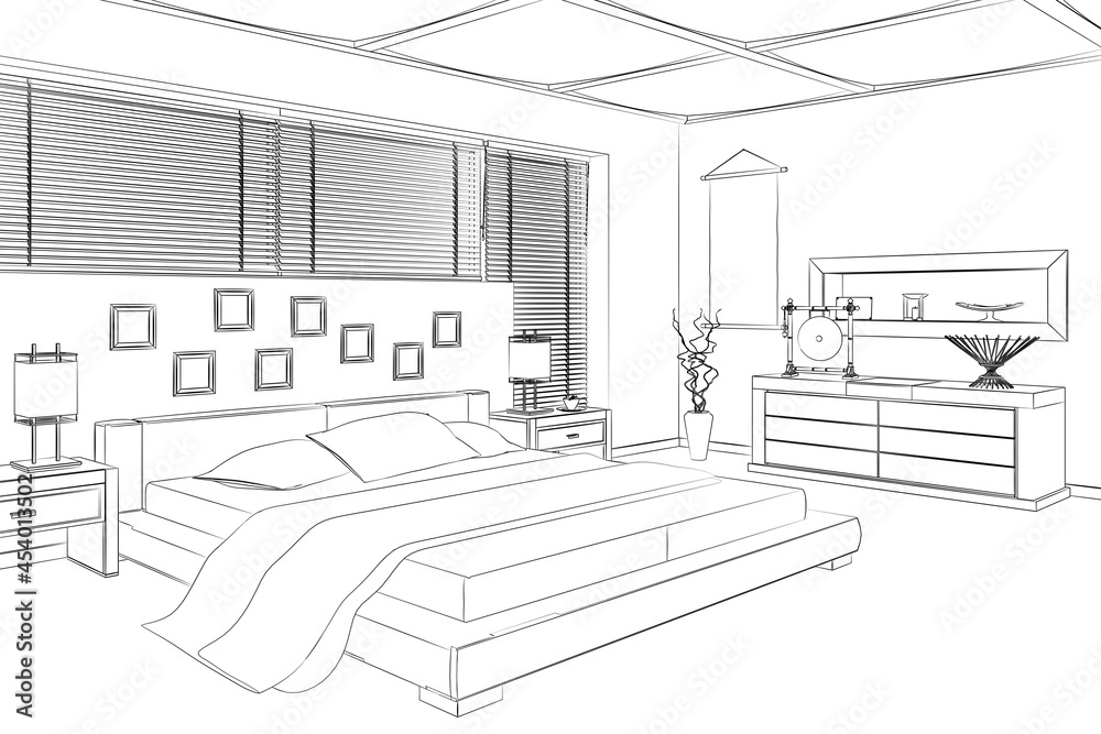 3d bedroom graphical interior with black white sketch. linear sketch. 3d bedroom graphical interior with black white sketch. linear sketch.