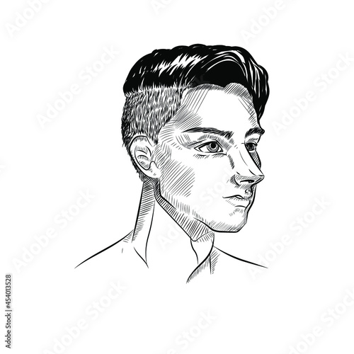 Face of young teenage boy in profile, Hand drawn illustration with hatched shades isolated on white background, Vector sketch