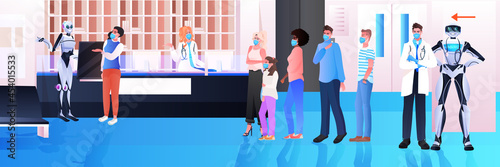 robots assisting mix race patients in masks at hospital reception modern clinic hall interior healthcare