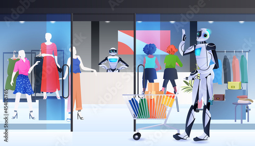 robot with trolley cart walking with purchases artificial intelligence technology shopping mall interior