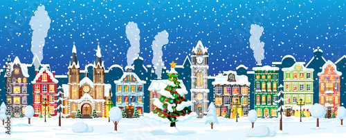 Christmas Card with Urban Landscape and Snowfall.
