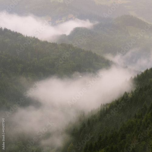 Mountain hills in fog, Beskid Sadecki, Piwniczna, Poland in the area of Poprad Landscape Park
