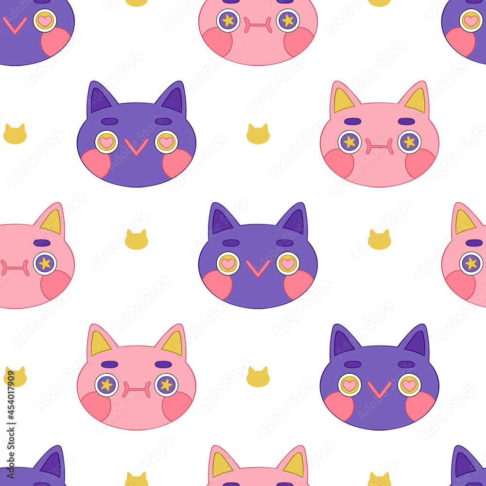 Cute cartoon character. Cat. Seamless vector pattern (background). Cheerful print. 