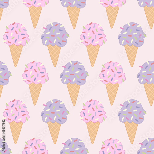 Ice cream. Cute cartoon food. Summer sweetness. Seamless vector pattern (background). Dessert print. 