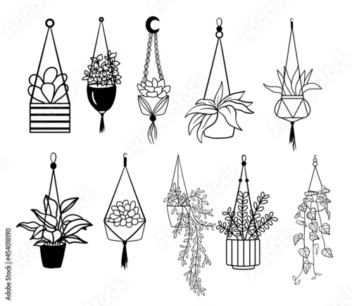 Hand drawn hanging house plants. Black silhouettes of different plants in pots. Vector illustration isolated on white background