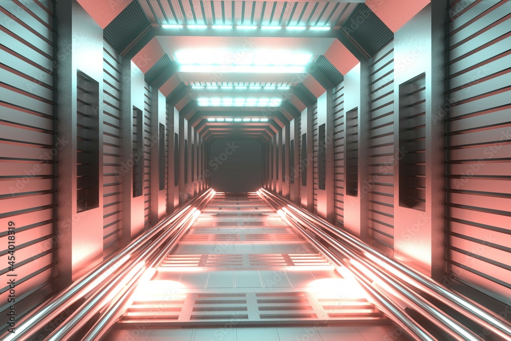 Fototapeta premium Abstract sci-fi tunnel background. Futuristic hallway warehouse garage with neon lighting. 3D rendering image