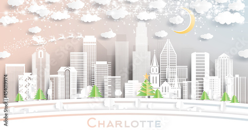 Charlotte NC City Skyline in Paper Cut Style with Snowflakes, Moon and Neon Garland.