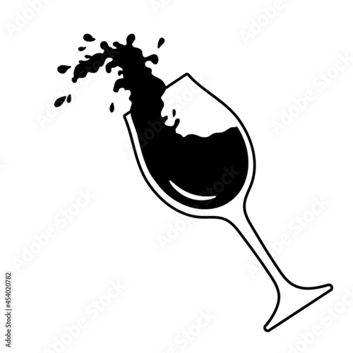 Wineglass with splashes of wine, pouring. Red wine expressive splashes in glass, vector outline illustration isolated on white background.