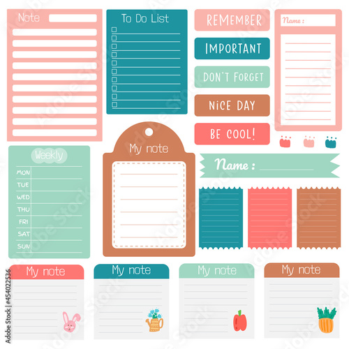 Sticky note set. Cute paper notes. Stationary set. Scrapbook notes and cards.Printable planner stickers. To Do List note. Template for your message. Decorative planning element. Vector illustration.