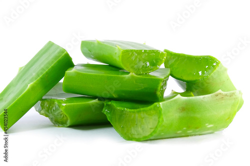 Fresh Aloe vera sliced with ater drops isolated on white background.